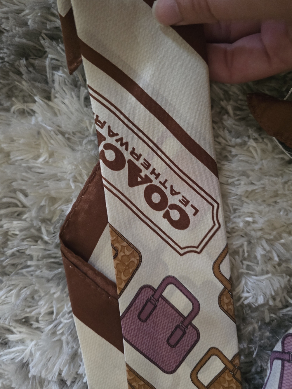 Coach Women's Multicolor Silk Scarf - Cream, Brown & Pink Print - Picture 3 of 5